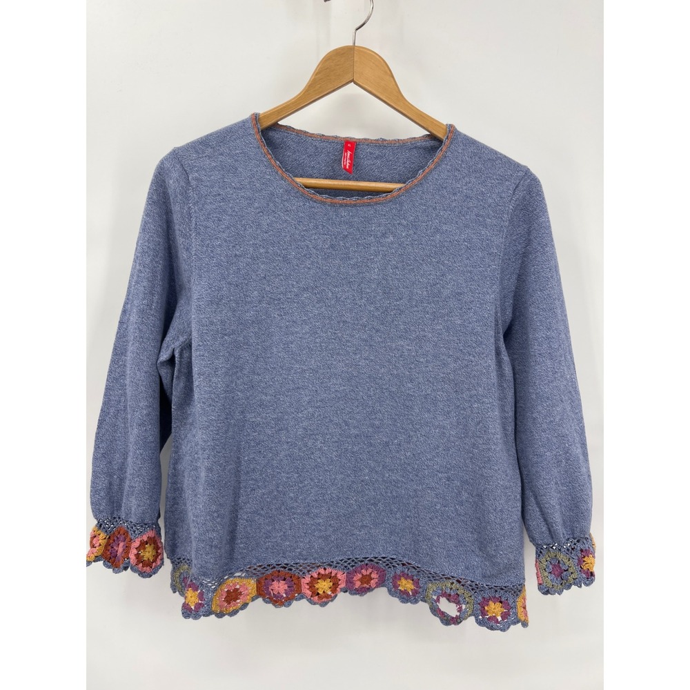 Hanna Andersson Girls XL Blue Crochet Granny Square Lace Trim Cotton Top Boho